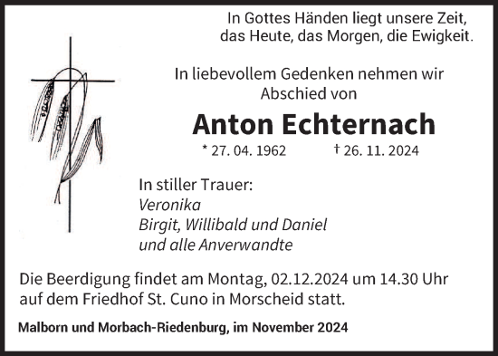 Traueranzeige von Anton Echternach von trierischer_volksfreund