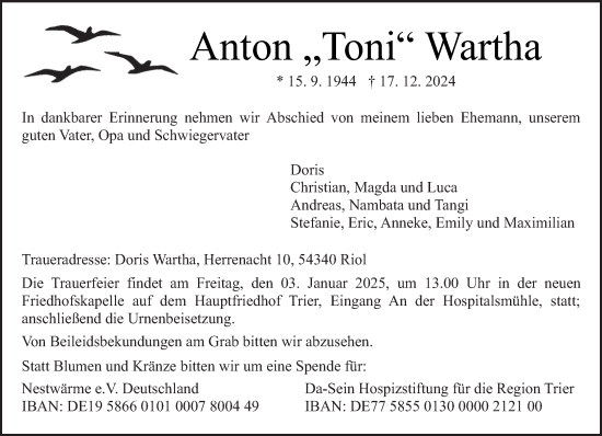 Traueranzeige von Anton Wartha von trierischer_volksfreund