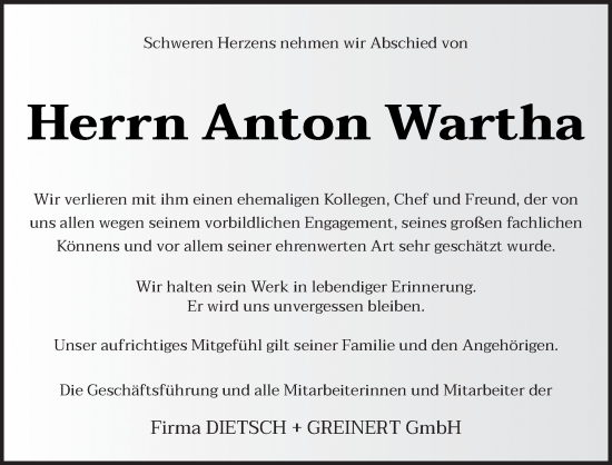 Traueranzeige von Anton Wartha von trierischer_volksfreund