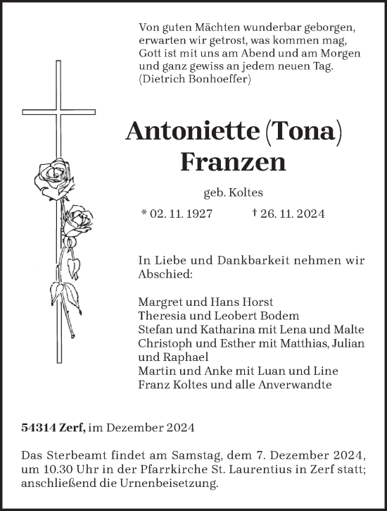 Traueranzeige von Antoniette Franzen von trierischer_volksfreund