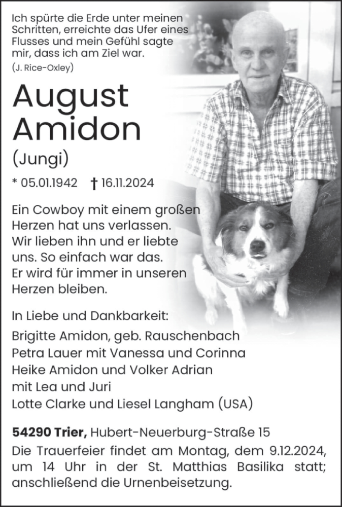  Traueranzeige für August Amidon vom 30.11.2024 aus trierischer_volksfreund