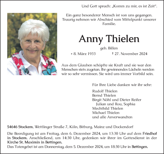 Traueranzeige von Anny Thielen von trierischer_volksfreund