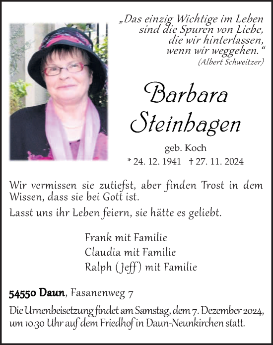 Traueranzeige von Barbara Steinhagen von trierischer_volksfreund