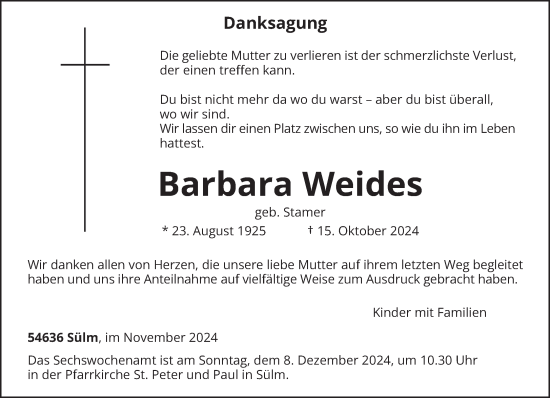 Traueranzeige von Barbara Weides von trierischer_volksfreund