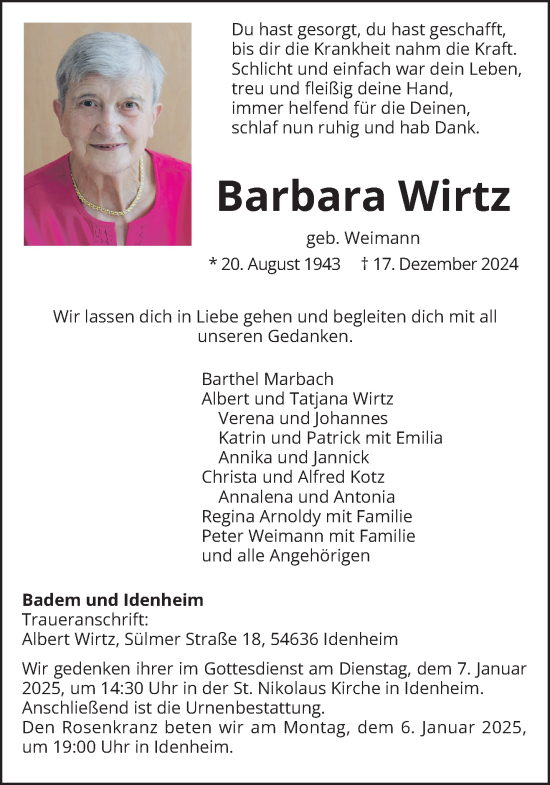 Traueranzeige von Barbara Wirtz von trierischer_volksfreund