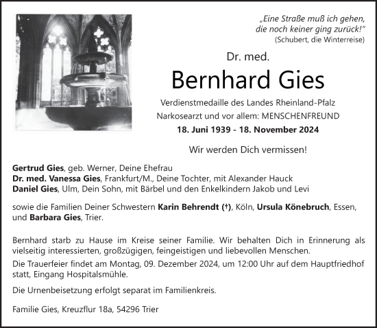 Traueranzeige von Bernhard Gies von trierischer_volksfreund