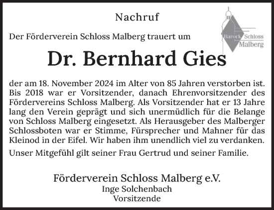 Traueranzeige von Bernhard Gies von trierischer_volksfreund