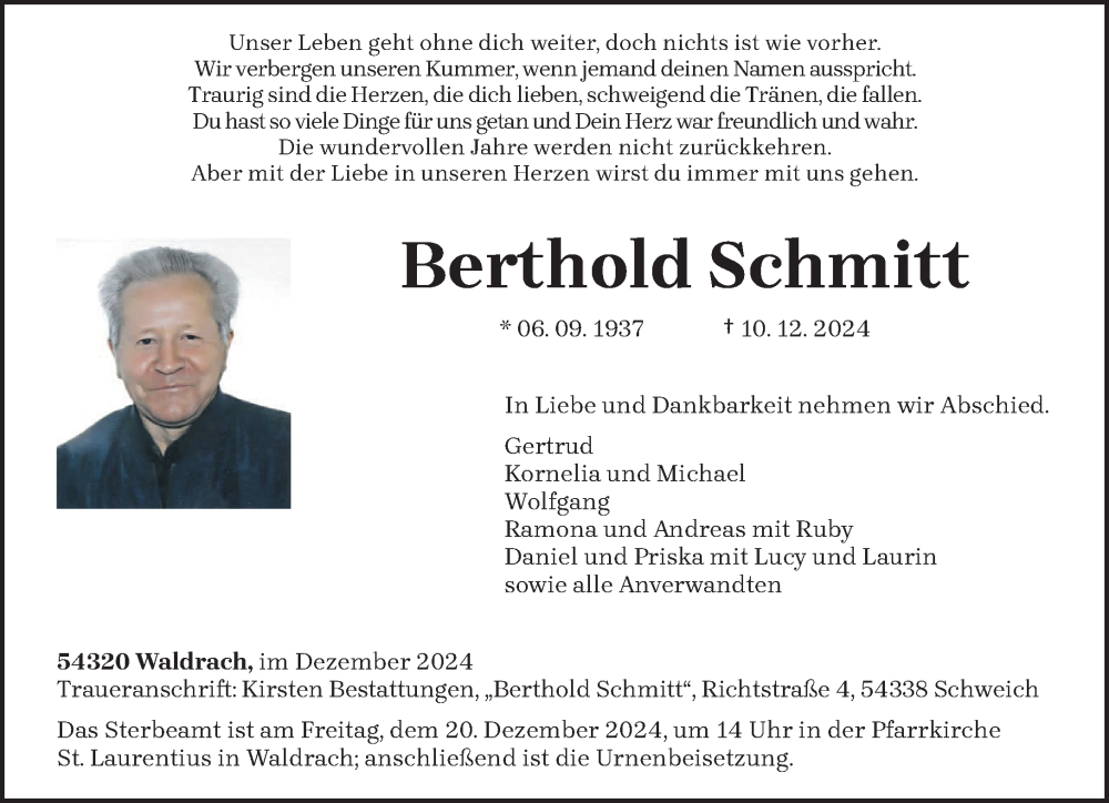  Traueranzeige für Berthold Schmitt vom 17.12.2024 aus trierischer_volksfreund