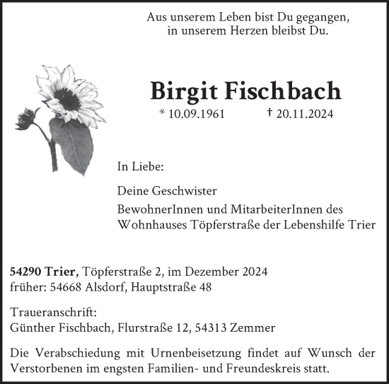 Traueranzeige von Birgit Fischbach von trierischer_volksfreund