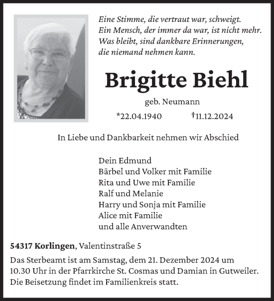 Traueranzeige von Brigitte Biehl von trierischer_volksfreund