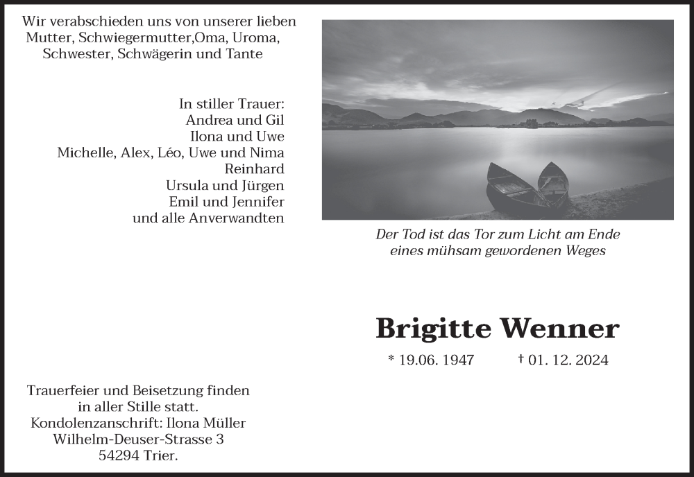  Traueranzeige für Brigitte Wenner vom 14.12.2024 aus trierischer_volksfreund