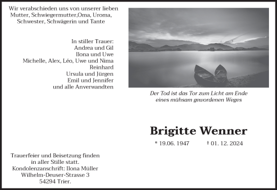 Traueranzeige von Brigitte Wenner von trierischer_volksfreund