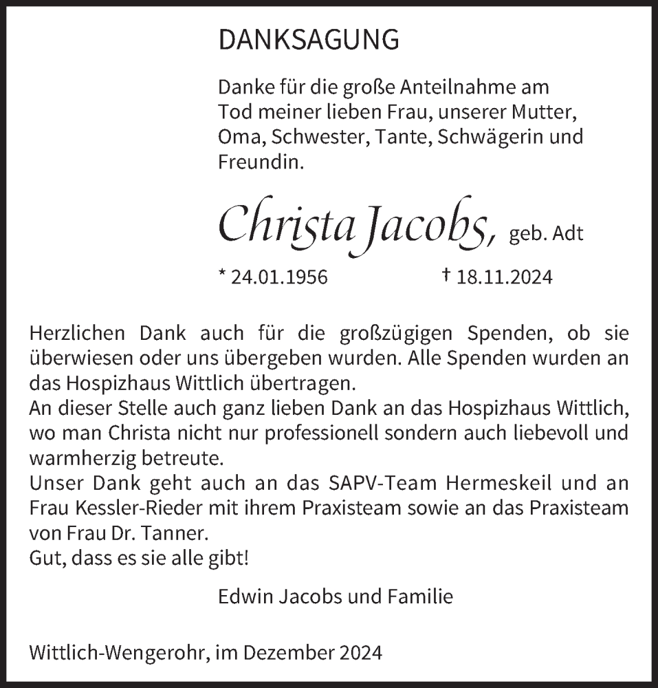  Traueranzeige für Christa Jacobs vom 07.12.2024 aus trierischer_volksfreund