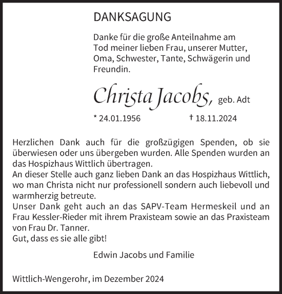 Traueranzeige von Christa Jacobs von trierischer_volksfreund