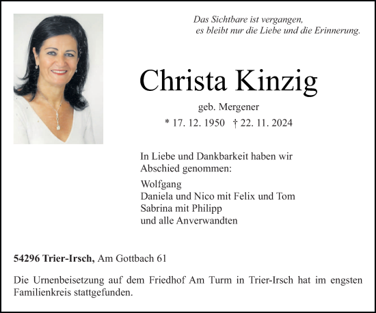 Traueranzeige von Christa Kinzig von trierischer_volksfreund