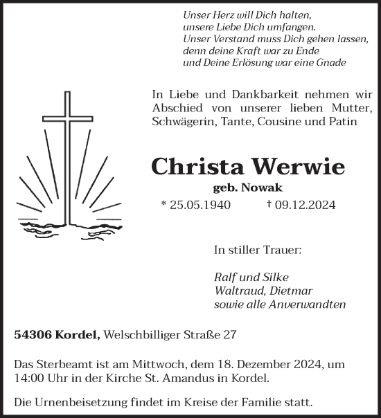 Traueranzeige von Christa Werwie von trierischer_volksfreund