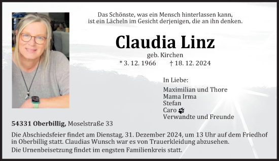 Traueranzeige von Claudia Linz von trierischer_volksfreund