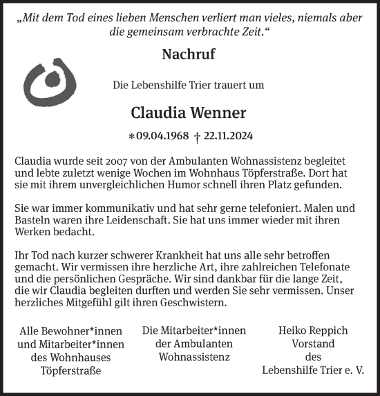 Traueranzeige von Claudia Wenner von trierischer_volksfreund