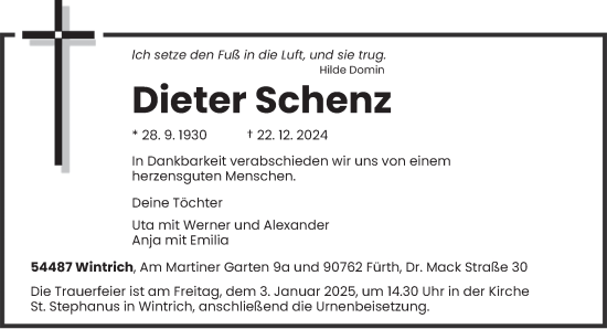 Traueranzeige von Dieter Schenz von trierischer_volksfreund