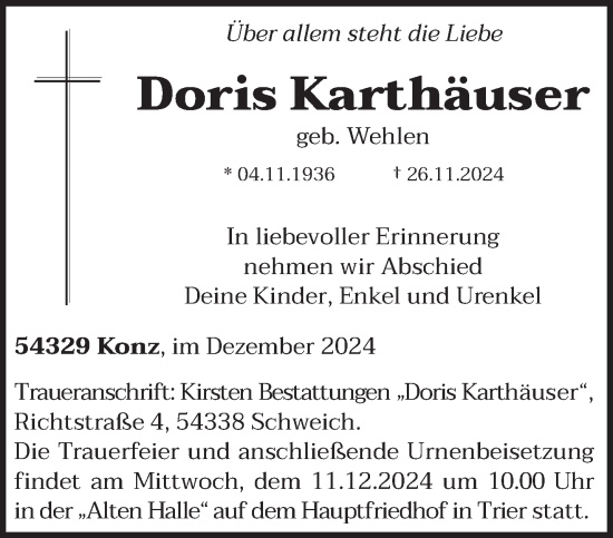 Traueranzeige von Doris Karthäuser von trierischer_volksfreund