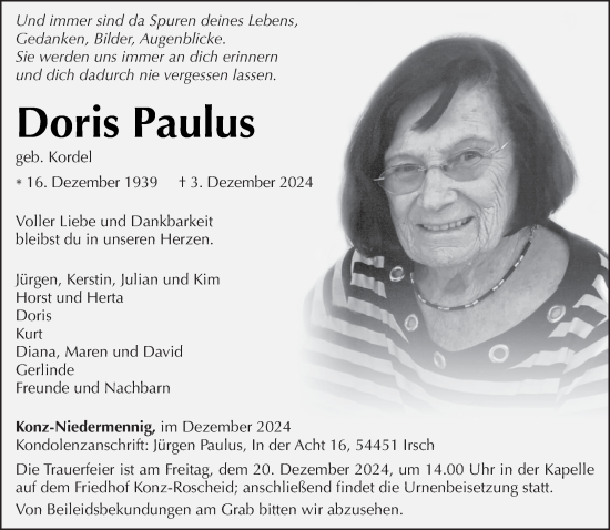 Traueranzeige von Doris Paulus von trierischer_volksfreund