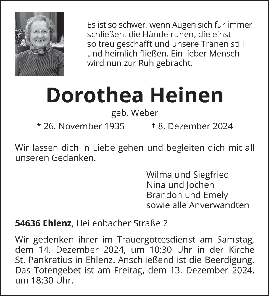  Traueranzeige für Dorothea Heinen vom 11.12.2024 aus trierischer_volksfreund