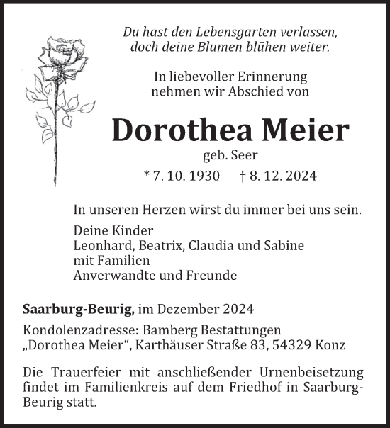 Traueranzeige von Dorothea Meier von trierischer_volksfreund