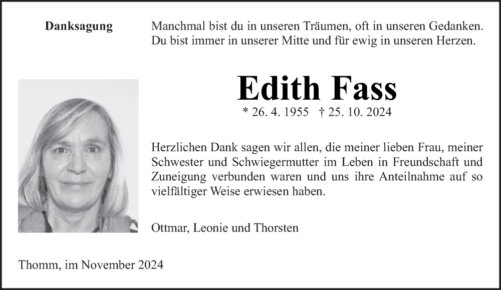  Traueranzeige für Edith Fass vom 30.11.2024 aus trierischer_volksfreund