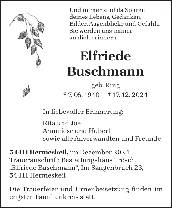 Traueranzeige von Elfriede Buschmann von trierischer_volksfreund