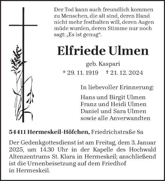 Traueranzeige von Elfriede Ulmen von trierischer_volksfreund