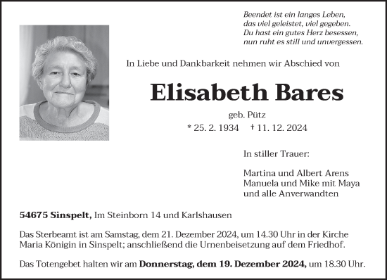 Traueranzeige von Elisabeth Bares von trierischer_volksfreund