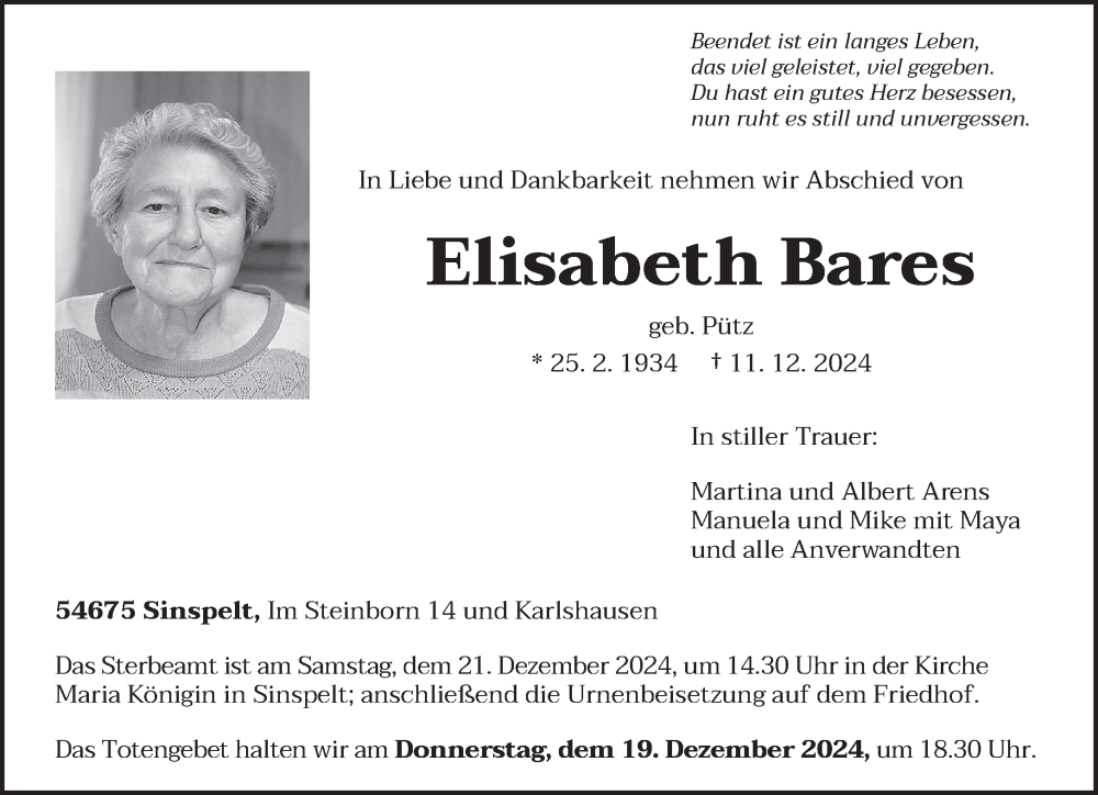  Traueranzeige für Elisabeth Bares vom 18.12.2024 aus trierischer_volksfreund