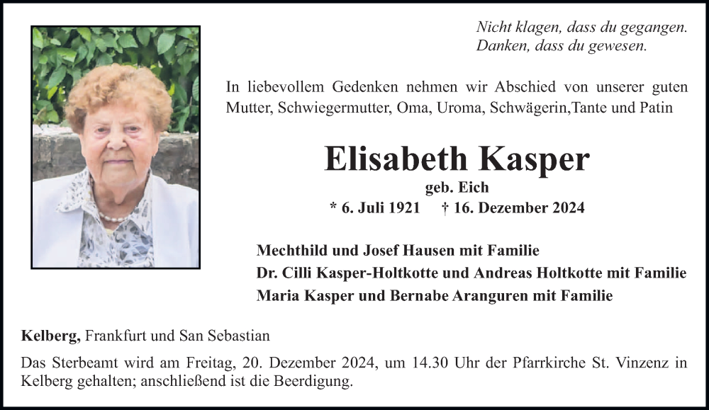  Traueranzeige für Elisabeth Kasper vom 18.12.2024 aus trierischer_volksfreund