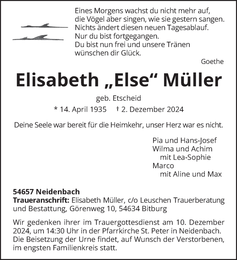  Traueranzeige für Elisabeth Müller vom 04.12.2024 aus trierischer_volksfreund