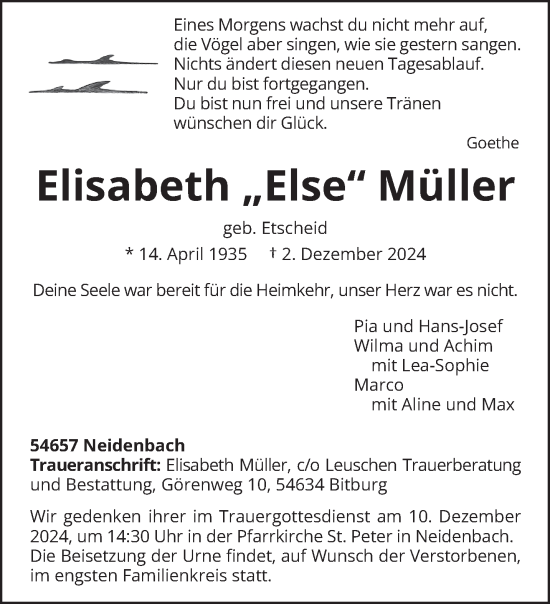 Traueranzeige von Elisabeth Müller von trierischer_volksfreund