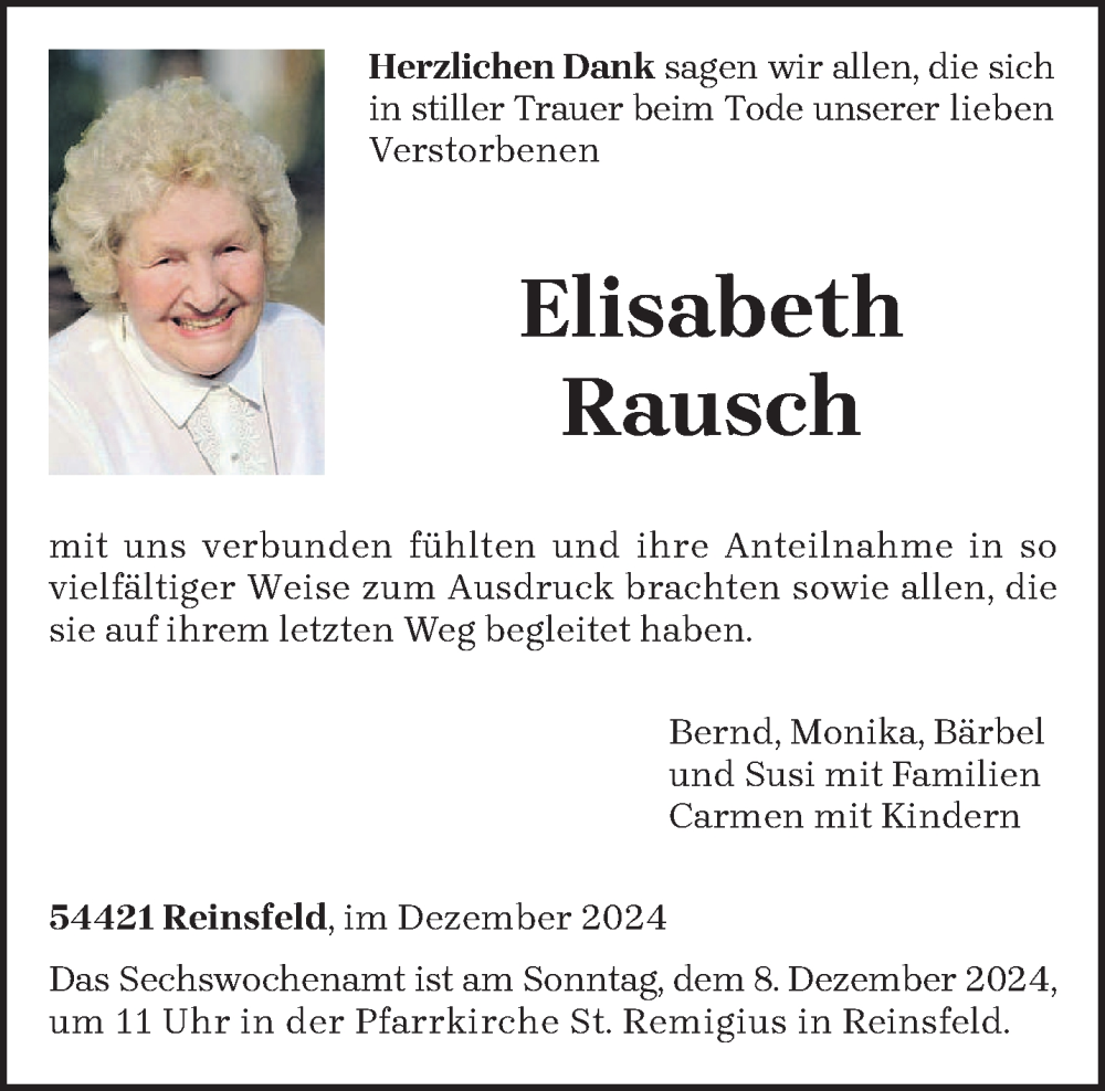  Traueranzeige für Elisabeth Rausch vom 06.12.2024 aus trierischer_volksfreund