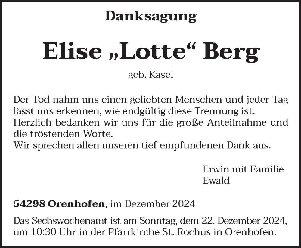  Traueranzeige für Elise  Berg vom 18.12.2024 aus trierischer_volksfreund