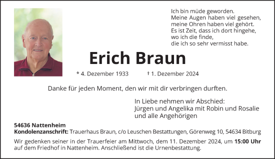 Traueranzeige von Erich Braun von trierischer_volksfreund