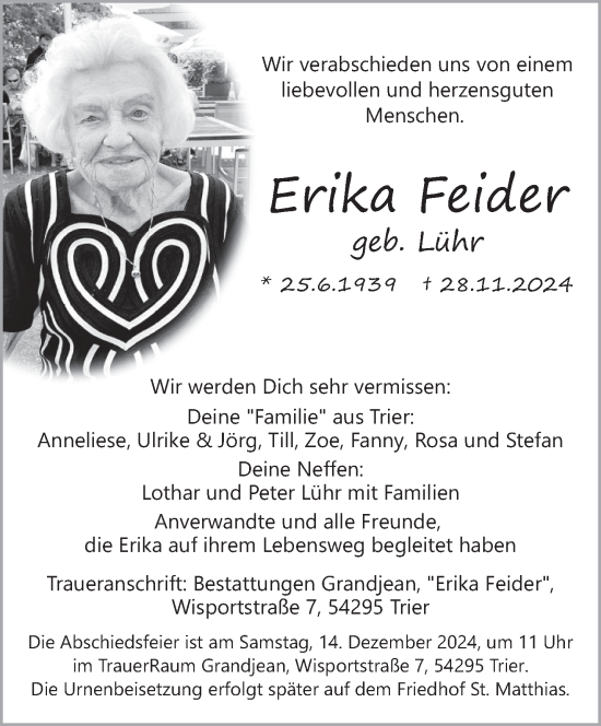 Traueranzeige von Erika Feider von trierischer_volksfreund