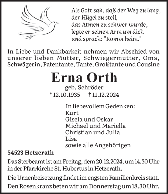 Traueranzeige von Erna Orth von trierischer_volksfreund