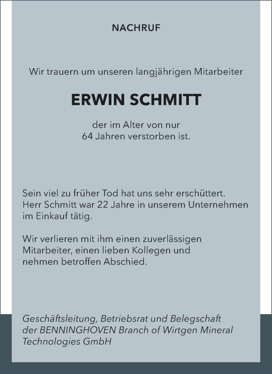 Traueranzeige von Erwin Schmitt von trierischer_volksfreund