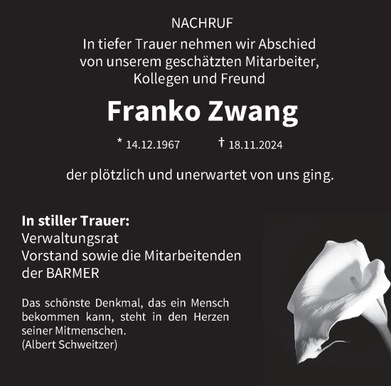 Traueranzeige von Franko Zwang von trierischer_volksfreund