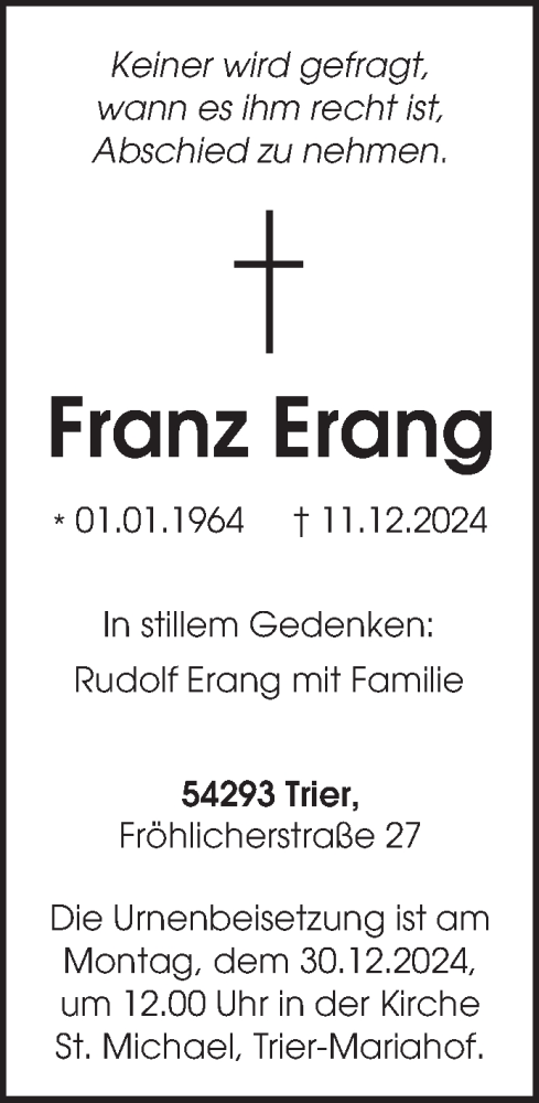 Traueranzeige von Franz Erang von trierischer_volksfreund