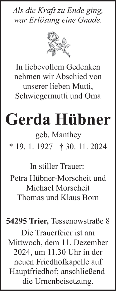 Traueranzeige von Gerda Hübner von trierischer_volksfreund