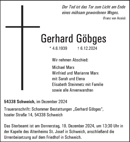 Traueranzeige von Gerhard Göbges von trierischer_volksfreund