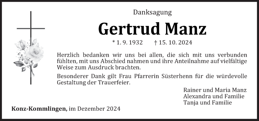  Traueranzeige für Gertrud Manz vom 07.12.2024 aus trierischer_volksfreund