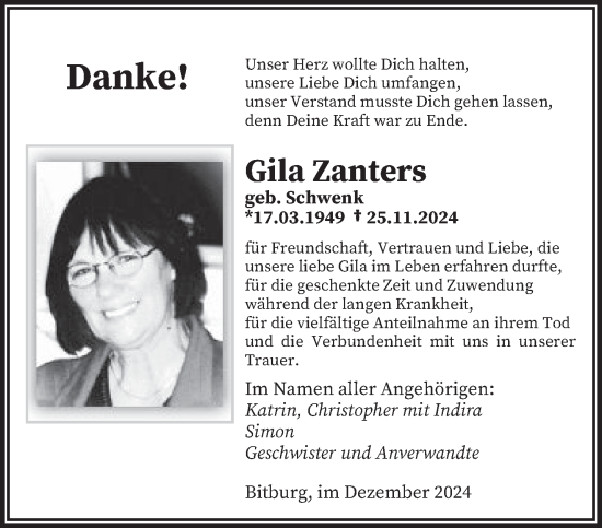 Traueranzeige von Gila Zanters von trierischer_volksfreund