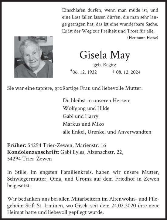 Traueranzeige von Gisela May von trierischer_volksfreund