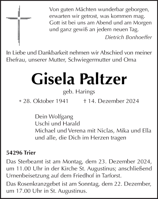 Traueranzeige von Gisela Paltzer von trierischer_volksfreund