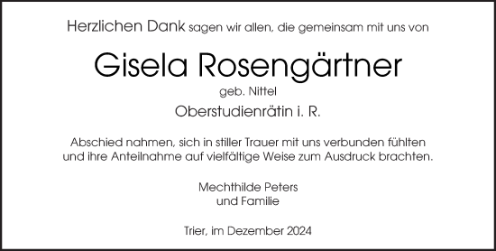 Traueranzeige von Gisela Rosengärtner von trierischer_volksfreund